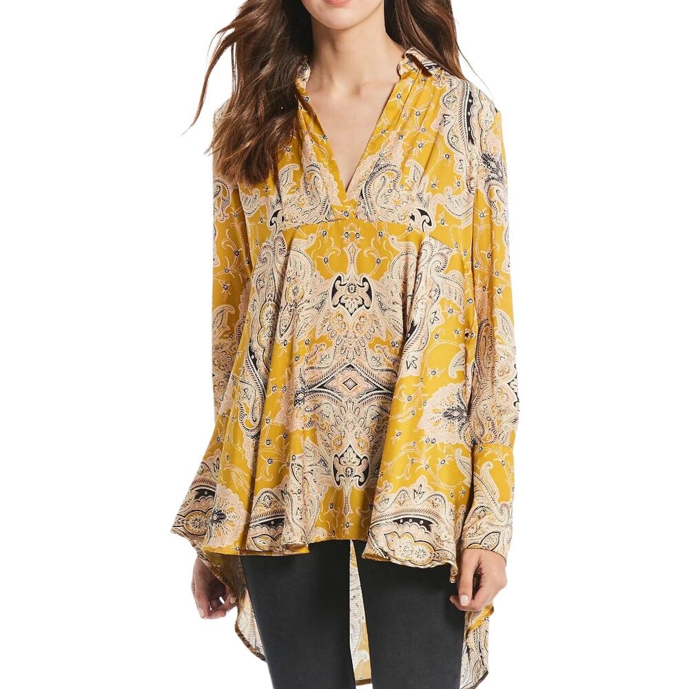 Free People Field Of Butterflies Tunic XS Yellow Paisley Print Boho Long Top